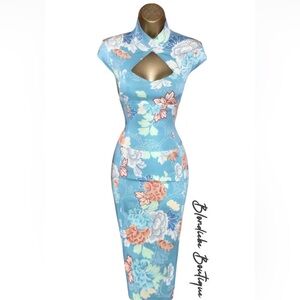 Karen Millen Aqua Blue Floral Dress Cheongsam Piqao Asian Mandarin US Sz 8 6